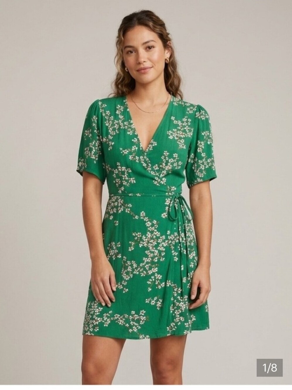 FAITHFULL THE BRAND | green floral wrap mini dress puff Sleeves Sz 2